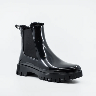 Lemon Jelly, Colden Black, Black patent ankle gum boot with thick gripped outer sole and a fluffy inside, The Shoe Curator