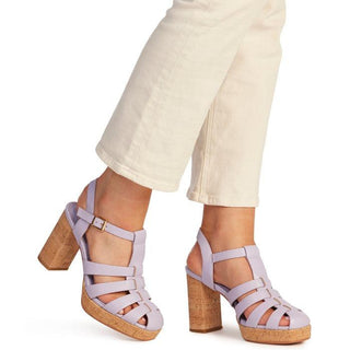 Mandy sandal in lilac by Kathryn Wilson has a 10.5cm heel and 2cm platform under the toe, buckle fastening at the ankle and cork-finished heel design