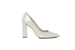 Capelli Rossi light grey patent pump with pointed toes and a block heel, Kathleen, The Shoe Curator