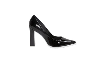 Capelli Rossi Black patent stiletto with pointed toes and white rubber tread, patent black block heel, Caroline, The Shoe Curator