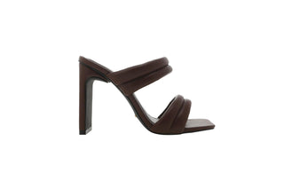 Billini, Tribute, Brown leather pump with peeped squared toes and slim-wide block heel with 2 double straps across front of foot, The Shoe Curator