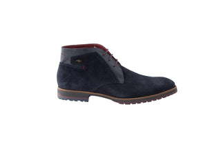Fluchos. Carlos, Navy Blue suede shoe with croc patterned sides and back with red laces and maroon insole, The Shoe Curator