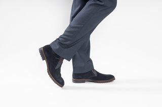 Fluchos. Carlos, Navy Blue suede shoe with croc patterned sides and back with red laces and maroon insole modelled with feet and legs, The Shoe Curator