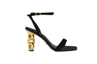 Kat Maconie, Riri, Navy blue suede with thins strap over peeped toe and thin adjustable ankle strap with gold patent chain heel, The Shoe Curator