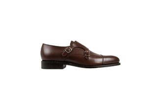 Loake, Cannon, Black leather patent slim squared toes with buckle strap over front foot, The Shoe Curator