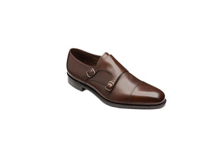 Loake, Cannon, Black leather patent slim squared toes with buckle strap over front foot, The Shoe Curator