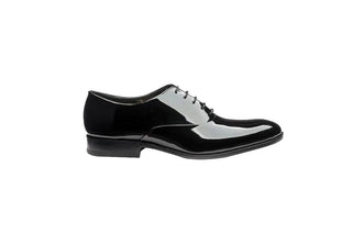 Loake, Patent Black, Black Patent males shoe with slim squared toes and one stitch through the shoe, The Shoe Curator