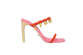 Kat Maconie, Char-Dragonfruit, pink wide toed stiletto with twisted orange and red rope with sea shell charms, and patent slim-wide block heel with gold edging, The Shoe Curator