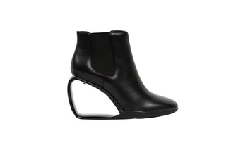 United Nude, Step Mobius Chelsea, Black leather ankle cut boot with elastic sides and a single strand heel with a middle opening, The Shoe Curator 