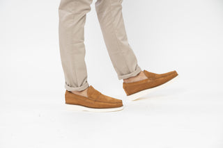 Ted Baker, Isaacc, Brown suede loafers with stitching detailing and white soles styled with jeans and modelled with feet and legs, The Shoe Curator