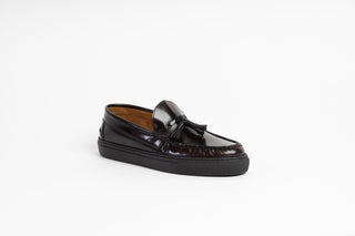 Ted Baker, Petie, Brown patent loafers with tassels on the front and stitching details, The Shoe Curator