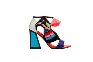 Kat Maconie, Aya, Blues and pinks leather pump with block heel and pop pom detailing and peeped toe and bird design out of tassels and sequences with adjustable ankle strap, The Shoe Curator