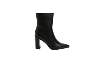 Billini, Mirie, Black High Rise leather boot with pointed toes and block heel, The Shoe Curator