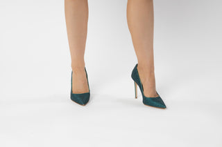 Gianna Melani, Ariel Green Giltter, Dark Green sparkly stiletto with closed back and pointed toes modelled with feet and legs, The Shoe Curator