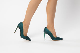 Gianna Melani, Ariel Green Giltter, Dark Green sparkly stiletto with closed back and pointed toes modelled with feet and toes, The Shoe Curator