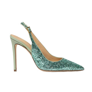 Gianna Melani, Andy Green Glitter, Light green sparkly stiletto with pointed toes and sling back adjustable heel, The Shoe Curator