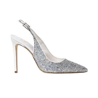 Gianni Melani, Andy Silver Glitter, Silver sparkly stiletto with pointed toes and slingback adjustable strap, The Shoe Curator 