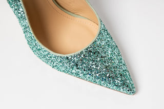 Gianna Melani, Andy Green Glitter, Light green sparkly stiletto with pointed toes and sling back adjustable heel, The Shoe Curator
