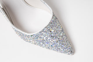 Gianni Melani, Andy Silver Glitter, Silver sparkly stiletto with pointed toes and slingback adjustable strap, The Shoe Curator