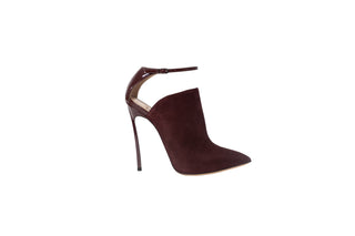 Casadei, Scarpa Camoscio, maroon suede ankle boot with thin heel, pointed toes and thin adjustable ankle strap, The Shoe Curator