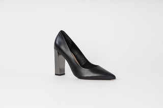 Capelli Rossi, Colette, Black leather heel with pointed covered toes and a patent block heel, The Shoe Curator