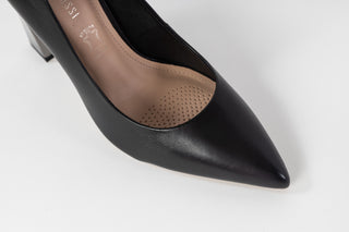Capelli Rossi, Colette, Black leather heel with pointed covered toes and a patent block heel, The Shoe Curator