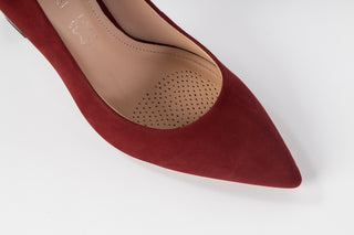 Capelli Rossi, Helena, Maroon suede stiletto with black patent block heel and pointed toes, The Shoe Curator
