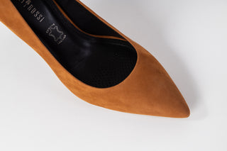 A Mustard/Dark Camel coloured suede pump with black block heel