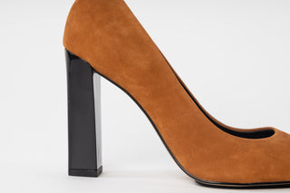 A Mustard/Dark Camel coloured suede pump with shiny black block heel