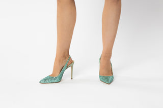 Gianna Melani, Andy Green Glitter, Light green sparkly stiletto with pointed toes and sling back adjustable heel modelled with feet and legs, The Shoe Curator