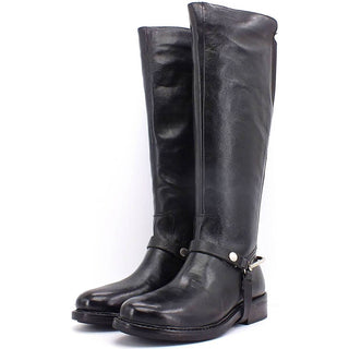 Knee-high leather boots, with ankle strap and metal hardware