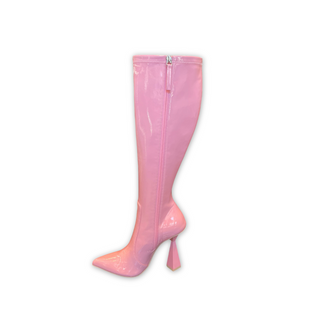 Glossy leather baby pink knee high boot with tapered heel