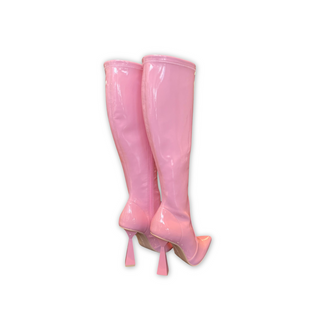 Glossy leather baby pink knee high boot with tapered heel