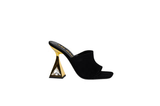 Kat Maconie black suede leather mule heel, open toe. Gold heels stacked on a crystal gem in the heel 