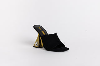 Kat Maconie black suede leather mule heel, open toe. Gold heels stacked on a crystal gem in the heel 