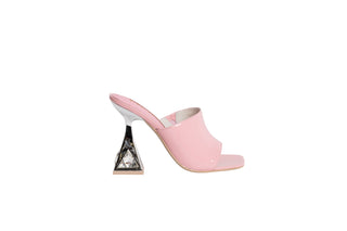 Kat Maconie glossy baby pink leather mule heel, open toe. Silver heels stacked on a crystal gem in the heel