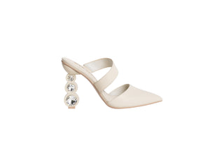 Cream leather pointed closed toe Kat Maconie mule with a symmetrical strap over arch of foot stack on 3 crystal heel