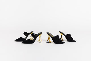 Black suede pointed closed toe Kat Maconie mule, with a-symmetrical strap over arch of foot stacked on 3 crystal gold heels 