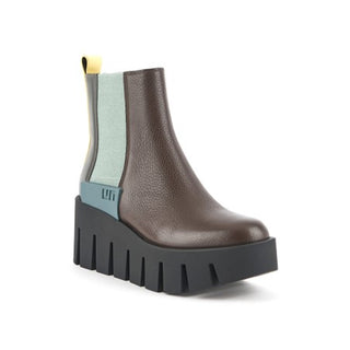 United Nude brown leather platform boot with yellow and blue features United Nude brown leather platform boot with yellow and blue features and a black lug sole