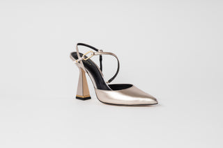 Ted Baker, Coriana, Silver patent heel with covered pointed toes and open heel with thin strap details, hourglass heel with gold edging, The Shoe Curator