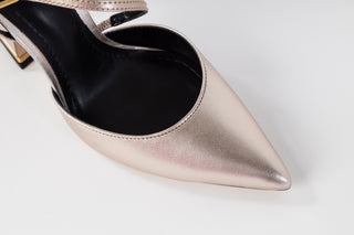 Ted Baker, Coriana, Silver patent heel with covered pointed toes and open heel with thin strap details, hourglass heel with gold edging, The Shoe Curator