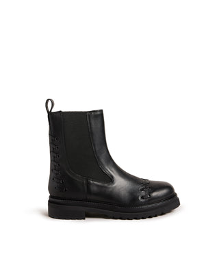 Black leather ankle chelsea boot with whipstitch detail, pull tap at the heel, elasticated panels, round toe