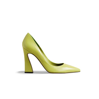 Leather lime Green pump with a geometric style heel pointed toe