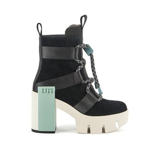 Black suede and neoprene tie up boot, with a light blue statement logo block and a white platform lug sole
