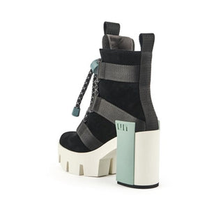 Black suede and neoprene tie up boot, with a light blue statement logo block and a white platform lug sole