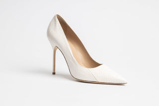 Manolo Blahnik, BB, White Patent croc textured stiletto with pointed toes, The Shoe Curator