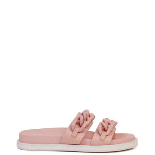 Kathryn Wilson Charlie in Blossom pink slides with chunky-chain over each of the two toe straps