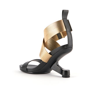United Nude Eamz IX sandal in black and gold  with Eamz heel, comfortable and secure with overlapping hook and loop gold velcro closure, The Shoe Curator