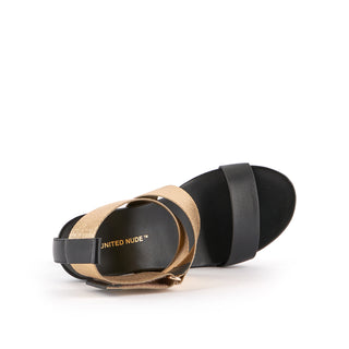 United Nude Eamz IX sandal in black and gold  with Eamz heel, comfortable and secure with overlapping hook and loop gold velcro closure, The Shoe Curator