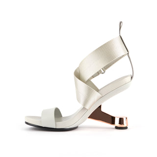 United Nude Eamz IX sandal in primer off white with a rose gold Eamz heel, comfortable and secure with overlapping hook and loop velcro closure, The Shoe Curator